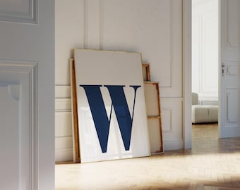 Impresión de la letra W azul marino, arte de pared inicial moderno para habitación infantil de género neutro