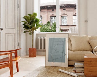 Impressão de arte abstrata em linhas, arte de parede minimalista azul, decoração moderna para sala de estar (download digital)