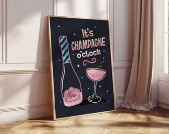 Champagne Cocktail Print, Retro Bar Poster, Pink Trendy Kitchen Sign, Funny Dopamine Decor, Typography