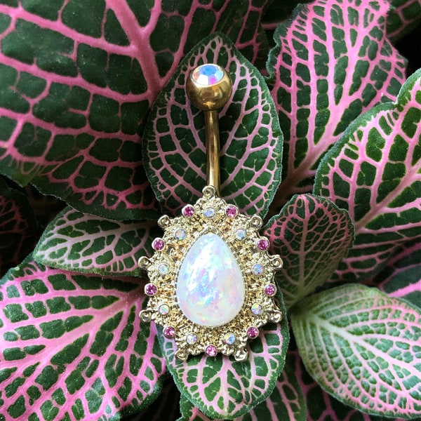 Gold Belly Ring with Opal Center