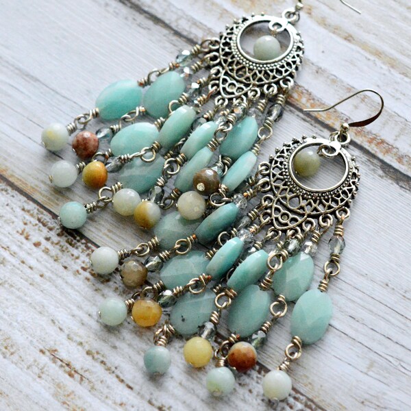 Amazonite Chandelier Earrings, Amazonite Earrings, Chandelier Earrings, Gemstone Earrings, Aqua Earrings, Women's Earrings, Boho Earrings