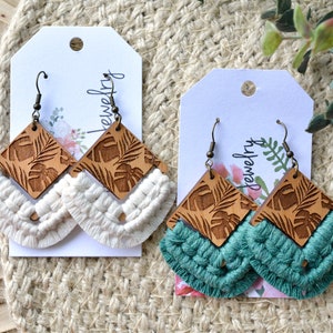 Boho Macrame Earrings: Tropical Leaf Wood, Handmade Jewelry