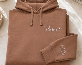 Geborduurd gepersonaliseerd sweatshirt vader, vaderdagcadeau, cadeau nieuwe vader, draag mijn hart op mouw, aangepaste kindernamen op mouw
