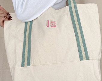 Personalised tote bag embroidered with initials custom tote shopper custom canvas tote bag name tote bag bridesmaid gift bag sage green tote