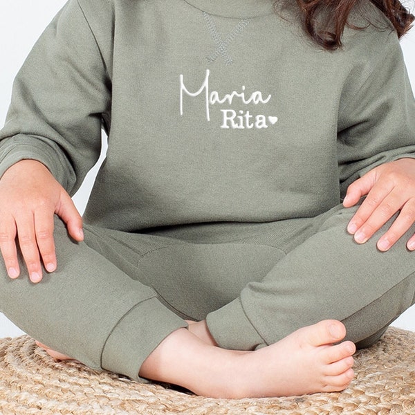 Sweat-shirt personnalisé pour enfants, nom personnalisé brodé pour bébé et tout-petit, ensemble de pantalons de survêtement et sweat-shirt en coton bio, ensemble de salon pour enfants