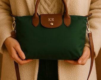 Personalized Nylon Shoulder Bag, Foldable Tote, Custom Initials