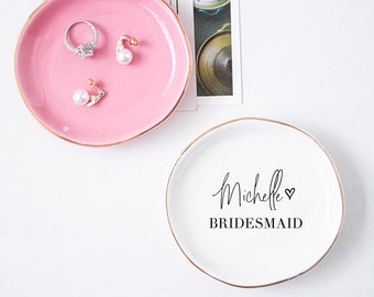 Personalized Ceramic Ring Dish, Bridesmaid Gift, Gold Rim