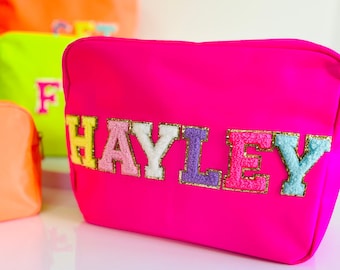 Neon initial cosmetic bag custom pouch custom cosmetic bag initial pouch beach pouch neon pink bag chenille letters custom wash bag