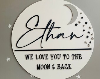 Round name sign Round nursery sign Round sign for kids room wooden round name sign boys name sign wooden boys name sign stars moon
