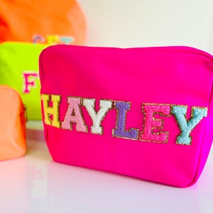 Neon initial cosmetic bag custom pouch custom cosmetic bag initial pouch beach pouch neon pink bag chenille letters custom wash bag