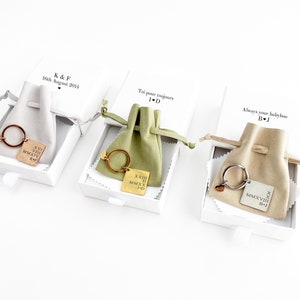 Pode incluir: Três caixas de presente brancas, cada uma com uma pequena bolsa de veludo dentro. Cada bolsa contém um chaveiro de prata com uma pequena etiqueta quadrada gravada com numerais romanos e uma data. As caixas são etiquetadas com o texto "K&F 16th August 2014", "Toi pour toujours I♥D" e "Always your babyboo B♥J".