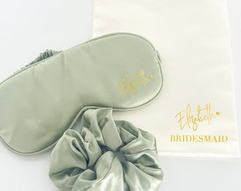 Satin Scrunchie Set, Bridesmaid Gift with Personalized Gift Bag & Eye Mask
