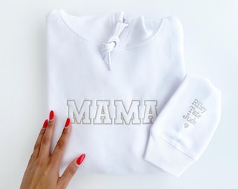 Personalized Mama Sweatshirt with Kid Names on Sleeve, mama hoodie with Childs name,  Mothers Day Gift, Birthday Gift for Mom, New Mom Gift