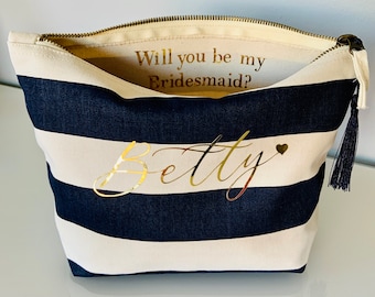 Personalized Nautical Bridesmaid Cosmetic Bag, Navy Blue Stripes