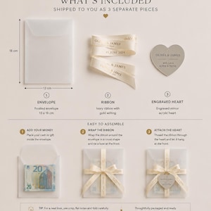May include: A gift assembly kit featuring a 13 by 18 cm frosted envelope, an ivory ribbon with gold text reading Olivia & James 15 June 2024, and a heart-shaped engraved acrylic tag. The set includes instructions for wrapping cash or gifts.