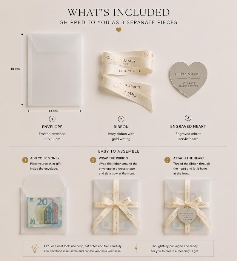 May include: A gift assembly kit featuring a 13 by 18 cm frosted envelope, an ivory ribbon with gold text reading Olivia & James 15 June 2024, and a heart-shaped engraved acrylic tag. The set includes instructions for wrapping cash or gifts.