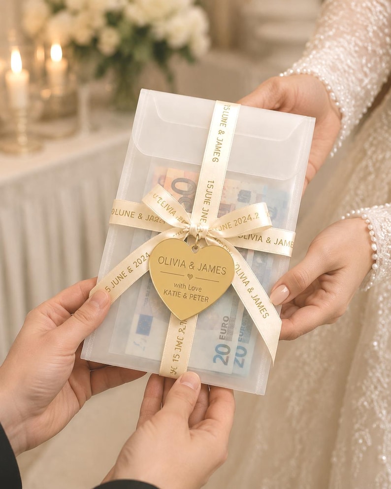 May include: A translucent rectangular envelope containing Euro banknotes, wrapped with a cream-colored ribbon printed with the text OLIVIA & JAMES and 15 JUNE 2024. A gold-colored heart-shaped tag hangs from the ribbon, engraved with OLIVIA & JAMES.