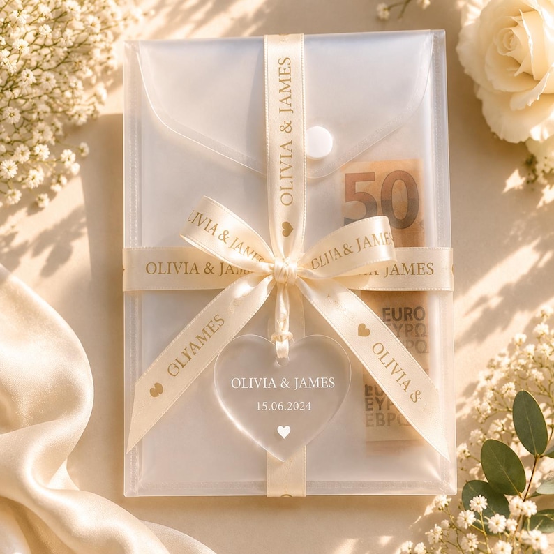 May include: A translucent rectangular envelope secured with a cream-colored ribbon printed with the text OLIVIA & JAMES. A heart-shaped acrylic tag hangs from the ribbon, featuring the text OLIVIA & JAMES and 15.06.2024. A 50 Euro banknote is visible inside.