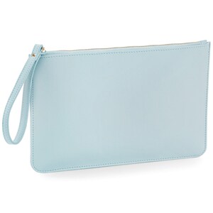 May include: A light blue clutch purse with a zipper closure and a wrist strap.