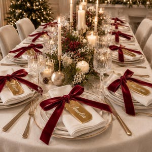 May include: A formal dining table setting featuring white plates, white cloth napkins, and gold-toned name tags tied with deep red velvet ribbons. The table is decorated with crystal glassware, tall white taper candles, and a centerpiece of greenery.