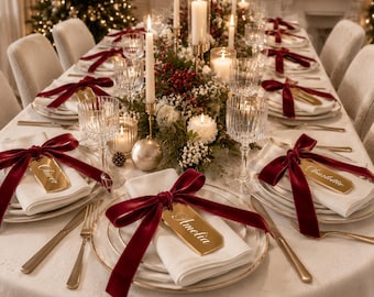 Puede incluir: Una mesa de comedor formal con platos blancos, servilletas de tela blanca y etiquetas de nombre doradas atadas con cintas de terciopelo rojo oscuro. La mesa está decorada con cristalería, velas blancas altas y un centro de mesa de vegetación.