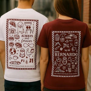 Chemise icône doodle personnalisée, cadeau couple personnalisé, t-shirt Saint-Valentin