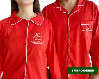 Embroidered Couples Christmas Pyjamas: Matching Cotton Xmas PJs