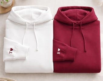 Custom Embroidery Initial Heart sleeve Hoodie, Personalized Valentines Sweatshirt, Embroidered Couples Outfit