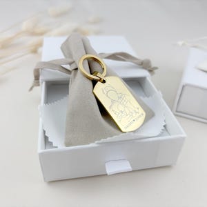 Porte-clés gravé avec contour photo personnalisé - Cadeau papa - Porte-clés dessin au trait personnalisé - Cadeau pour la fête des pères - Style plaque d'identité en argent ou en or