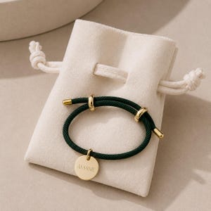 Personalised Gold Disc Cord Bracelet, Custom Name engraved, Adjustable rope charm gift