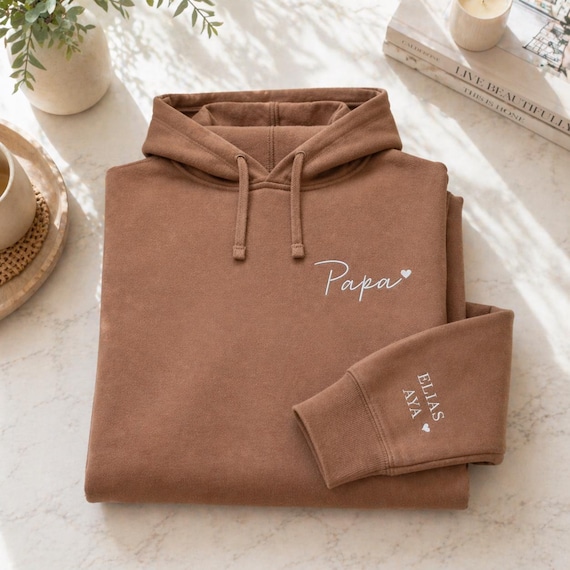 Embroidered Personalised Father Papa Sweatshirt, Father's Day Gift, New Dad Gift, Wear my heart on sleeve, Custom Kids Names on Sleeve