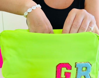 Neon Pink Orange Initial Cosmetic Bag Custom Pouch Custom