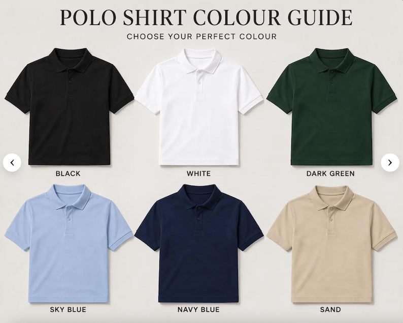 Pode incluir: Um guia de cores para camisas polo, apresentando seis cores diferentes: preto, branco, verde escuro, azul celeste, azul marinho e areia. Cada camisa &eacute; exibida com seu nome de cor correspondente.