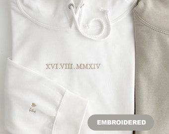 Customised embroidered Couple hoodie, Roman Numerals hoodie, Anniversary Date, Wedding Date, valentines Day Matching Couples Sweatshirt