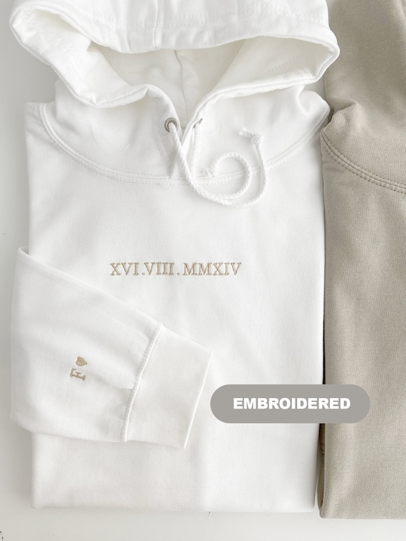 Custom Embroidered Couple Hoodie: Roman Numeral Date, Valentine Gift for boyfriend or girlfriend