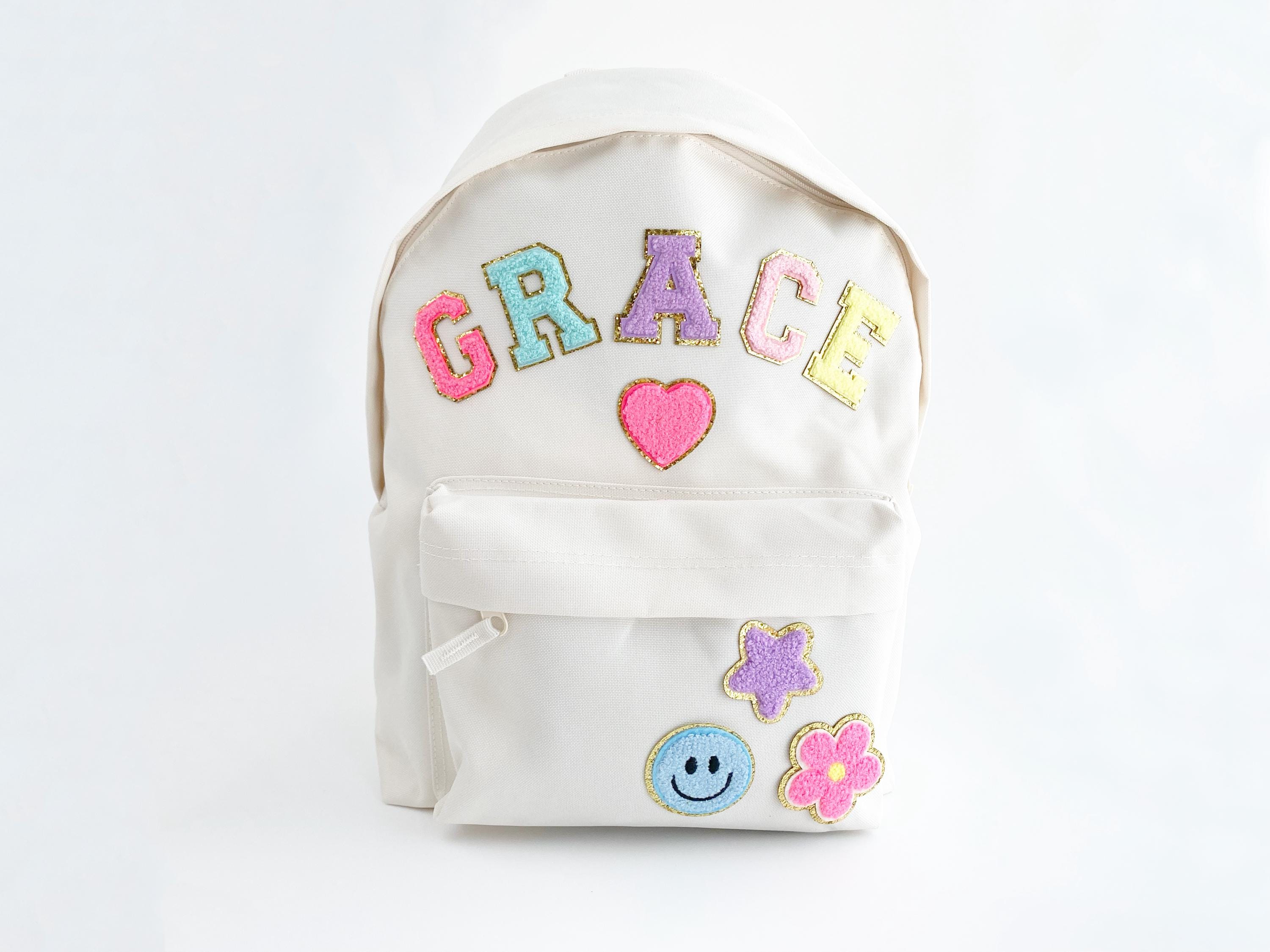 Personalisierter Nylon Rucksack mit Chenille Buchstaben Personalisierter Rucksack mit Aufnäher Buchstaben Reisetasche, Lehrer Geschenk Mädchen Zurück in der Schule