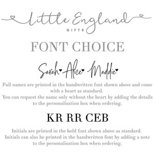 May include: Font choice options for personalized gifts.  Handwritten font with a heart is shown with the names "Sarah", "Alice", and "Maddie".  Bold font is shown with the initials "KR", "RR", and "CEB".