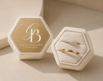 Boîte à alliances avec monogramme personnalisé | Service de logo de mariage sur mesure | Porte-bande hexagonal en velours