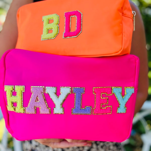 Neon pink orange Initialtasche Kosmetiktasche Maßgeschneiderte Beutel Kosmetiktasche Initialbeutel Strandtasche Neonpink Tasche Chenille Buchstaben individuelle Tasche