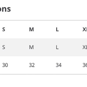 May include: Size conversion chart for clothing. The chart shows the size, from S to XXL, and the corresponding waist measurement in inches, from 30 to 38 inches.