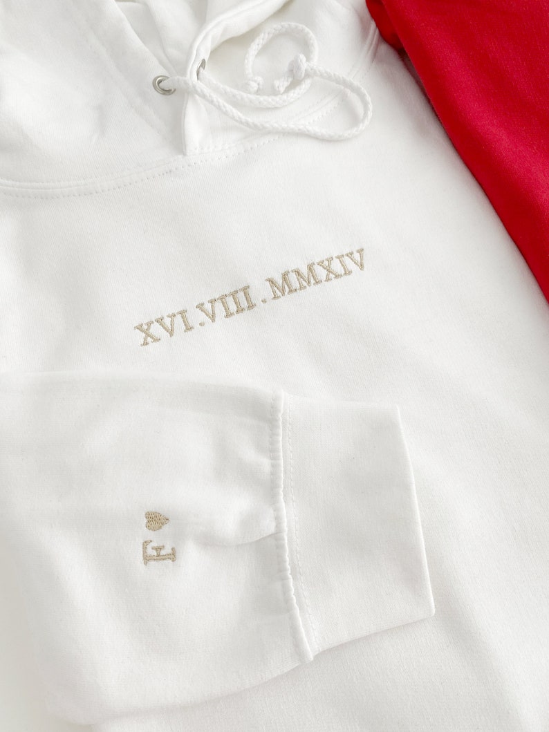 Customised embroidered Couple hoodie, Roman Numerals hoodie, Anniversary Date, Wedding Date, valentines Day Matching Couples Sweatshirt zdjęcie 9