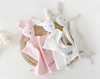 Personalized Baby Comforter: Soft Muslin Cotton Bunny Toy, Embroidered Gift