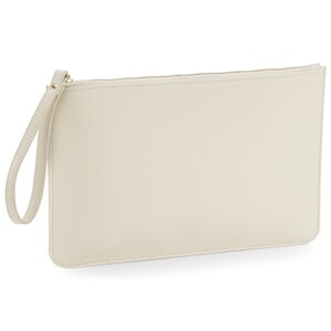 May include: A cream-colored clutch purse with a zipper closure and a wrist strap.