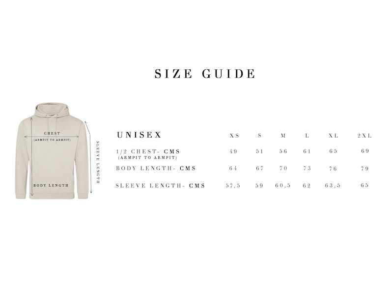 Pode incluir: Um guia de tamanhos para um moletom unissex, com medidas em cent&iacute;metros. O guia inclui medidas de peito, comprimento do corpo e comprimento da manga para os tamanhos XS a 2XL. O texto "SIZE GUIDE" est&aacute; no topo.