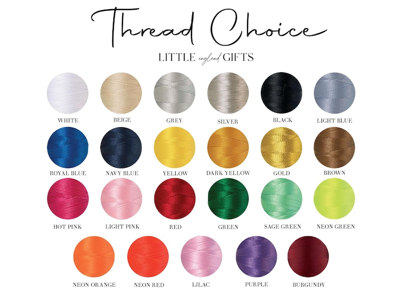May include: A color chart of embroidery thread options for customizing items. The chart shows 20 different colors of thread, including white, beige, grey, silver, black, light blue, royal blue, navy blue, yellow, dark yellow, gold, brown, hot pink, light pink, red, green, sage green, neon green, neon orange, neon red, lilac, purple, and burgundy.