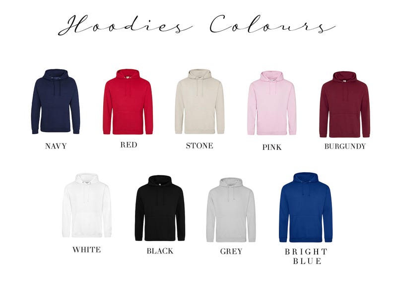 Pode incluir: Exibi&ccedil;&atilde;o de nove hoodies em v&aacute;rias cores: azul marinho, vermelho, pedra, rosa, bord&ocirc;, branco, preto, cinza e azul brilhante. A frase "Hoodies Colours" est&aacute; escrita em it&aacute;lico no topo.