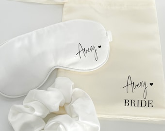 Bridesmaid Gift Set, Satin Scrunchies, Eye Mask, Custom Gift Bag