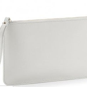 May include: A light gray zippered clutch with a wrist strap.