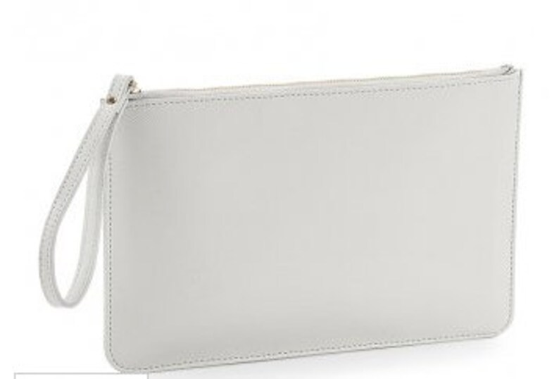 May include: A light gray zippered clutch with a wrist strap.