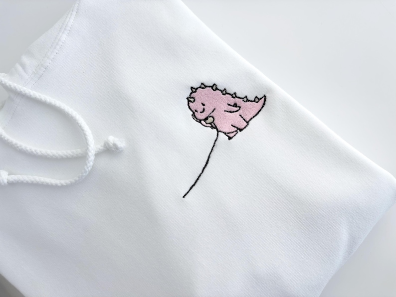 May include: White hoodie with a pink embroidered dinosaur holding a balloon.